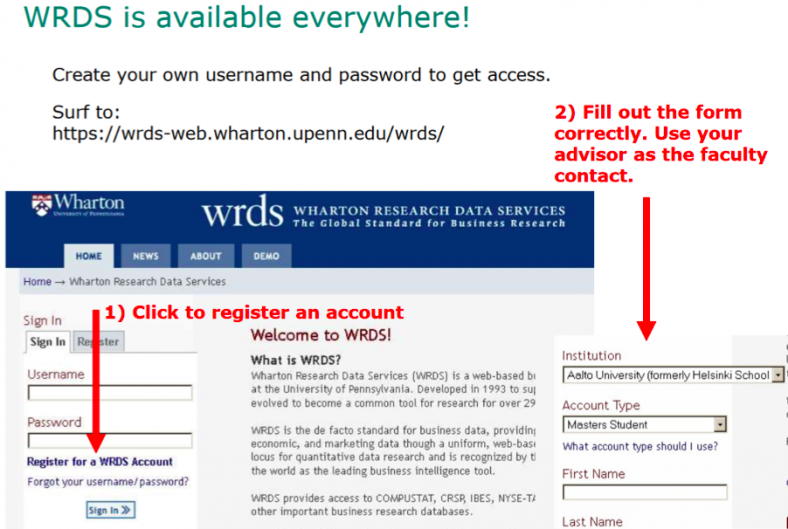 Aalto Finance databases include WRDS, first you need to register