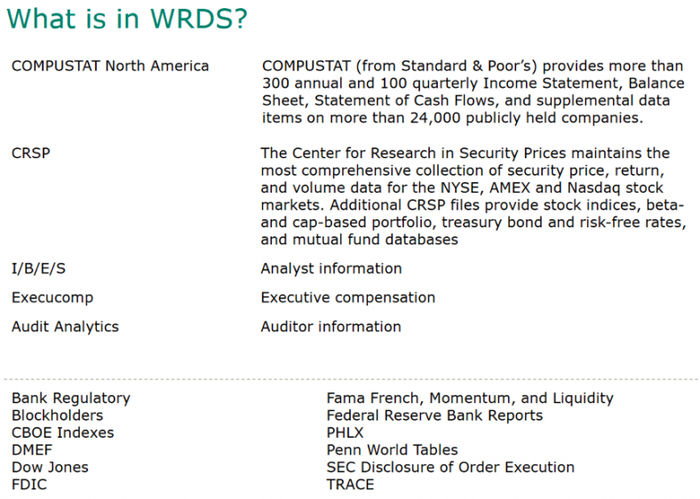 WRDS is an umbrella or platform that actually contains several databases