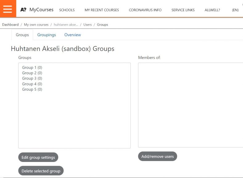 MyCourses Groups administration view