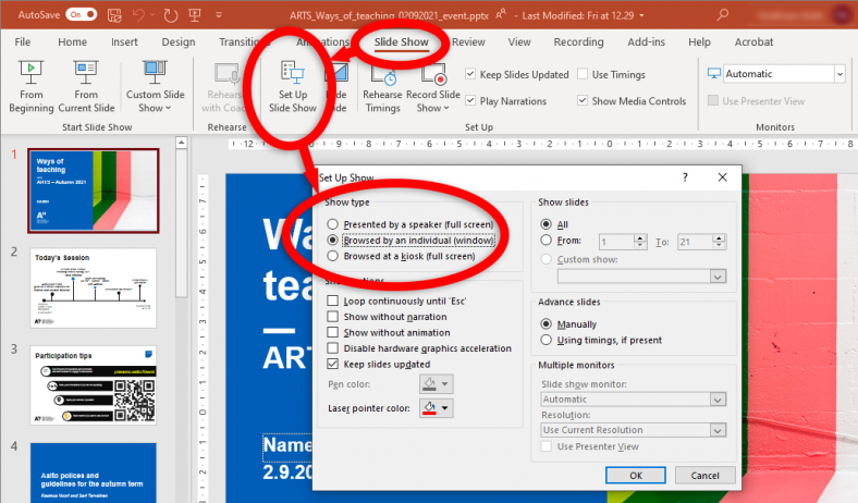 Illustration how to find options for presenting powerpoint in a window