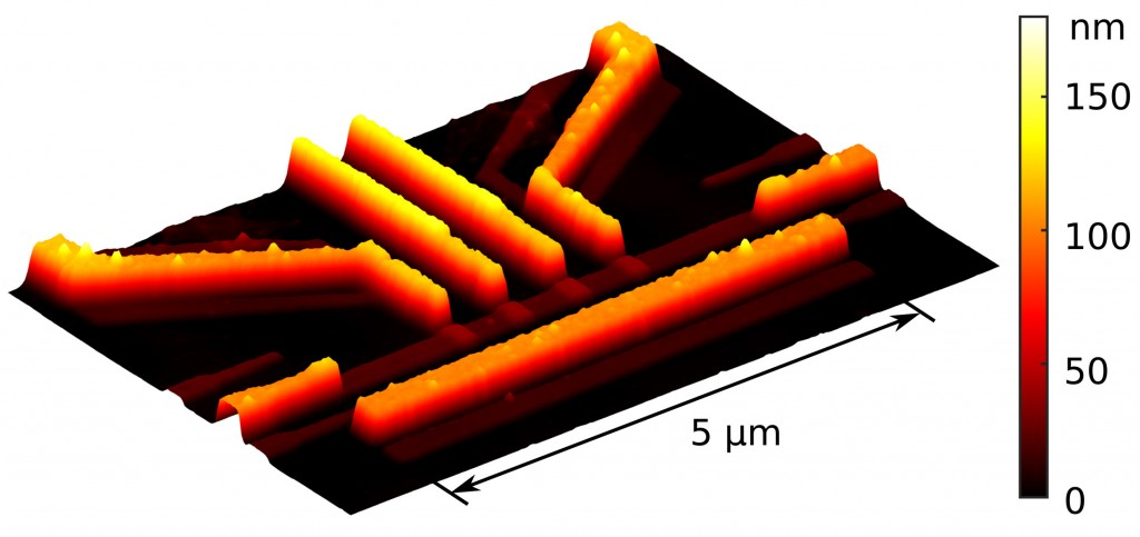 Atomic-force microscope image of one of the resistors in the device used to demonstrate quantum-limited heat conduction over macroscopic distances. Note that there are excess inactive copies of some of the structures owing to the employed fabrication methods. Credit: Matti Partanen.