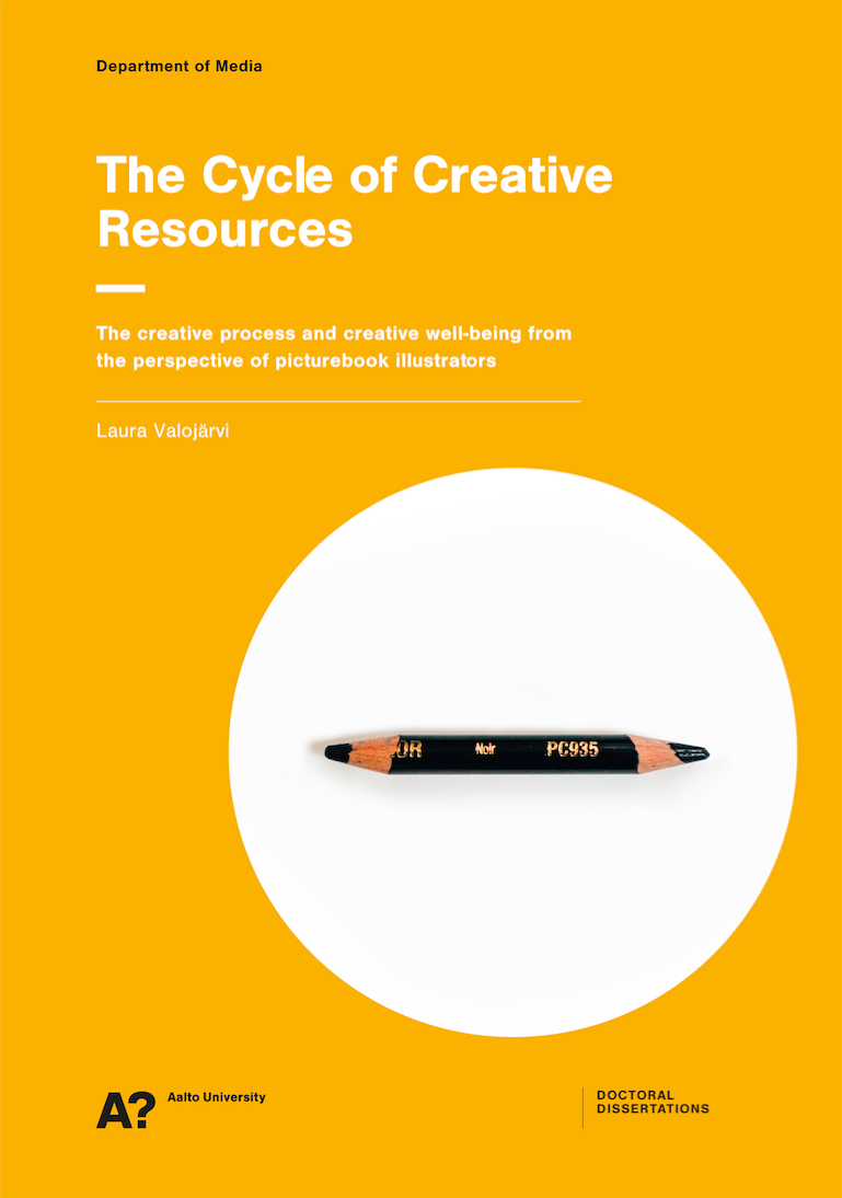 Cover image of Laura Valojärvis' dissertation 'The Cycle of Creative Resources - The creative process and creative well-being from the perspective of picturebook illustrators'.