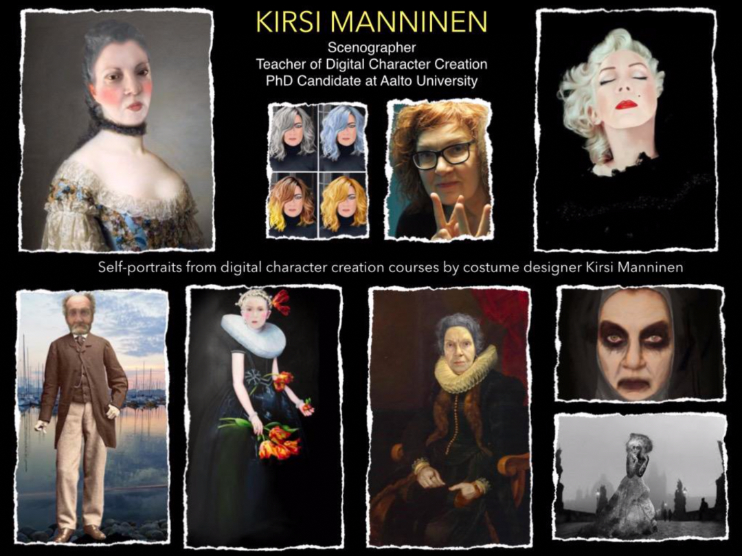 Image showing DA candidate and Scenographer Kirsi Manninen and some of her self-portrait works