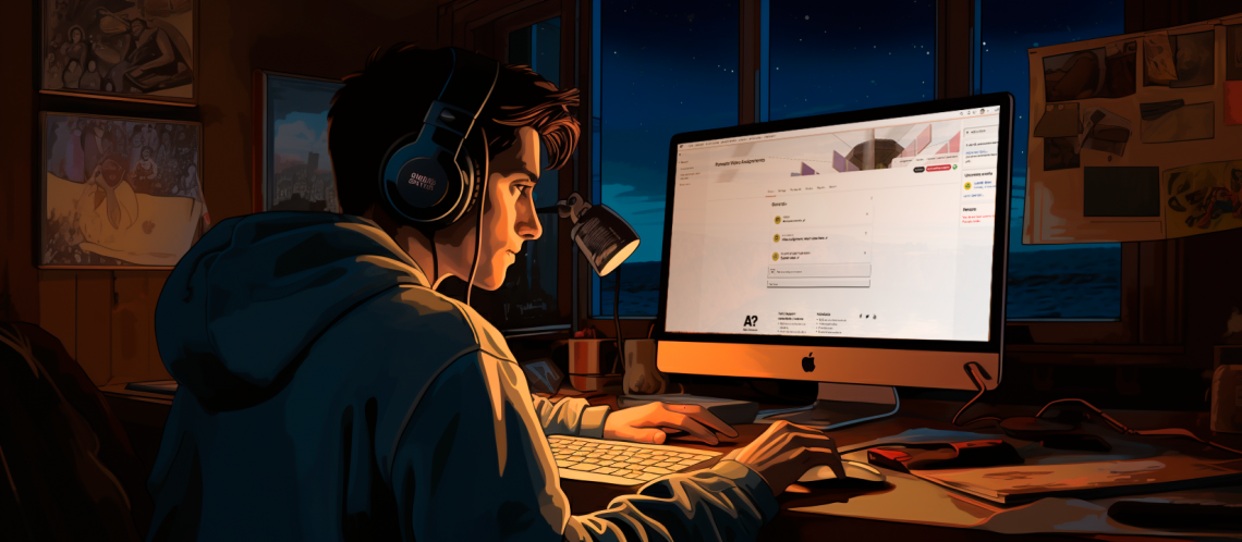 A male student studing in the dimly lit study corner with table lamp and computer screen, beep blue night sky partly shown from window.

Image created with Midjourney and edited with Photoshop by author