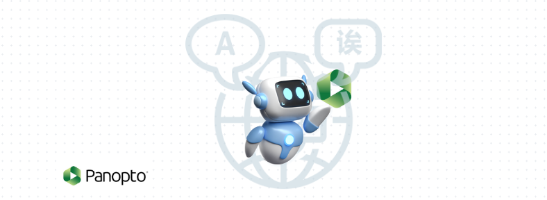 Illustration of tine robot that handles translations with Panopto logo.