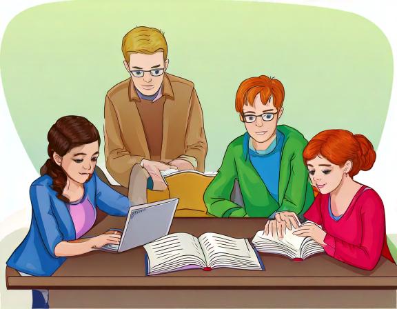 Drawing of a four people studying together.