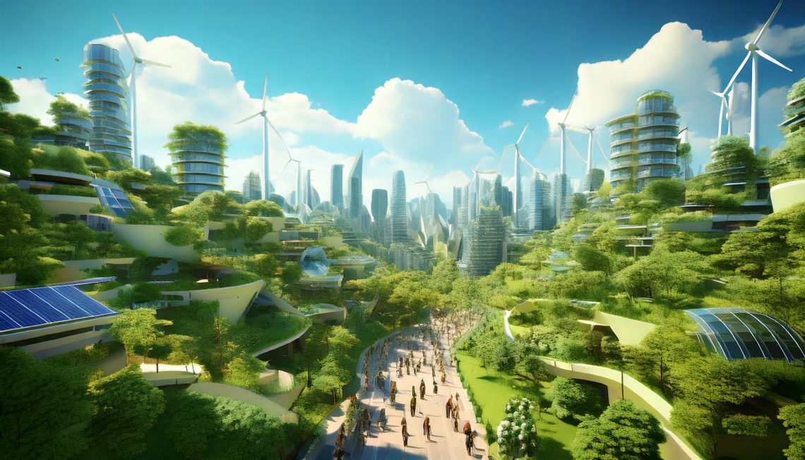 A vibrant and detailed illustration of a futuristic green city, featuring solar panels on rooftops, wind turbines on the horizon, skyscrapers with vertical gardens, and a lively street filled with pedestrians and cyclists. The city is surrounded by lush greenery under a clear blue sky, emphasizing sustainability, innovation, and eco-friendly urban living.