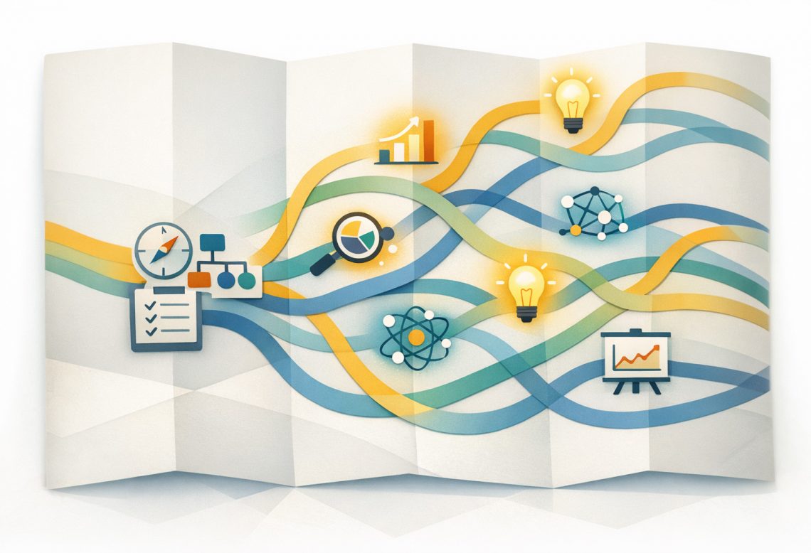 An illustrated folded map with several colourful paths crossing through learning-related icons, such as a checklist, compass, charts, network symbols and light bulbs, suggesting different guided routes through learning materials.